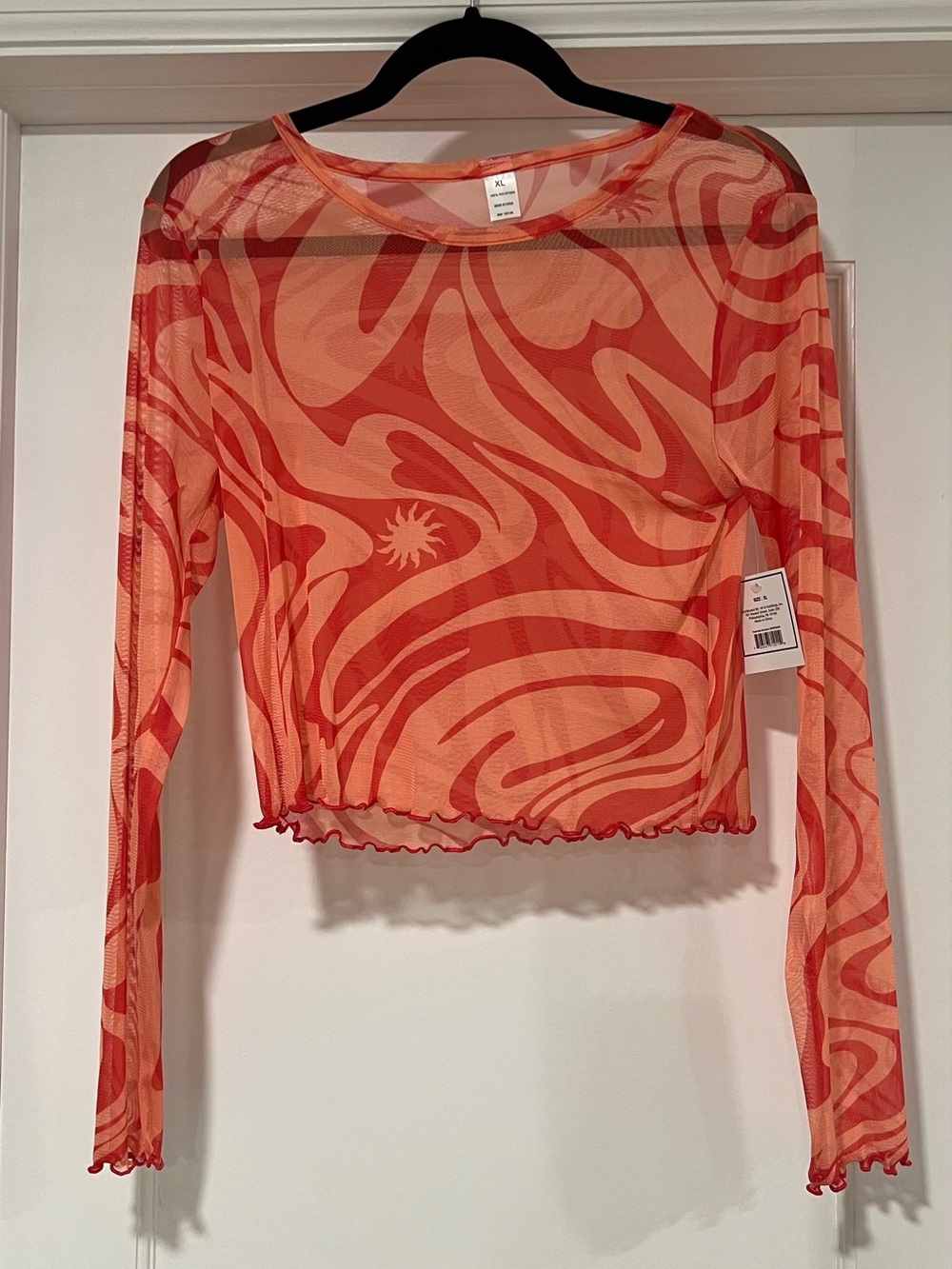 Sheer Long-Sleeve Mesh Crop Top in Coral Swirl